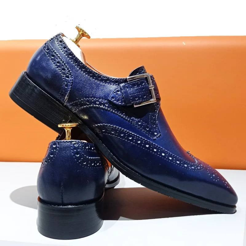 Blue Black Loafers Leather Shoes Monk Strap  For  Men