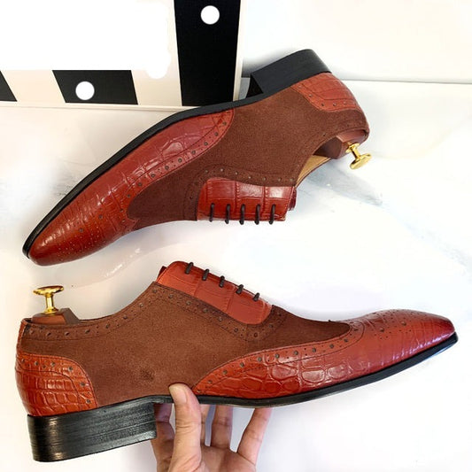 Men's Dress Shoes Brown Suede Patchwork Crocodile Genuine Leather Handmade