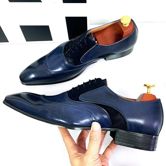 Men's Oxford Shoes Blue Black Party Shoes Genuine Leather Handmade