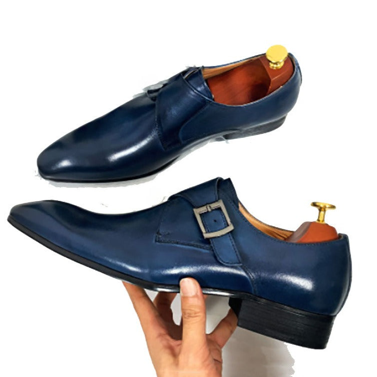 Men's Leather Shoes Blue Monk Strap Wedding Shoes Handmade