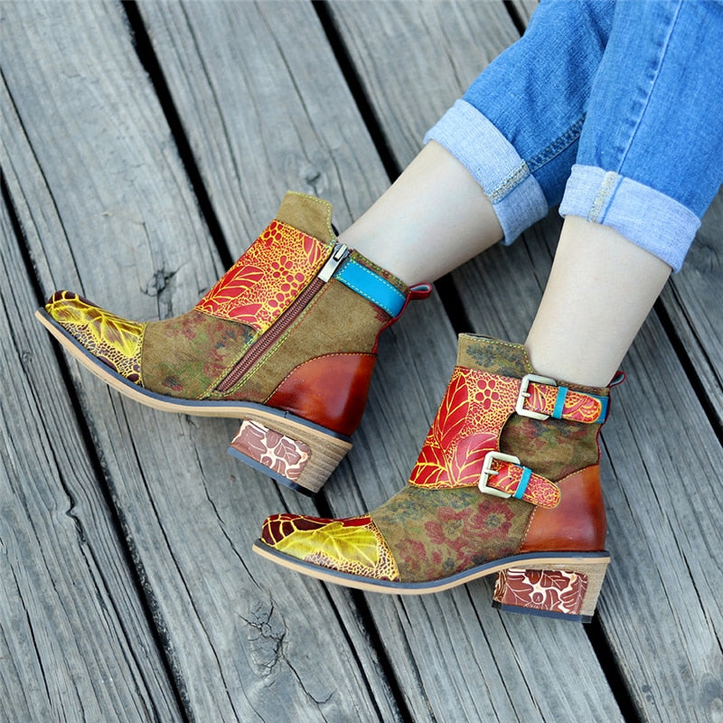 Ankle Boots Leather Patchwork Style For Women