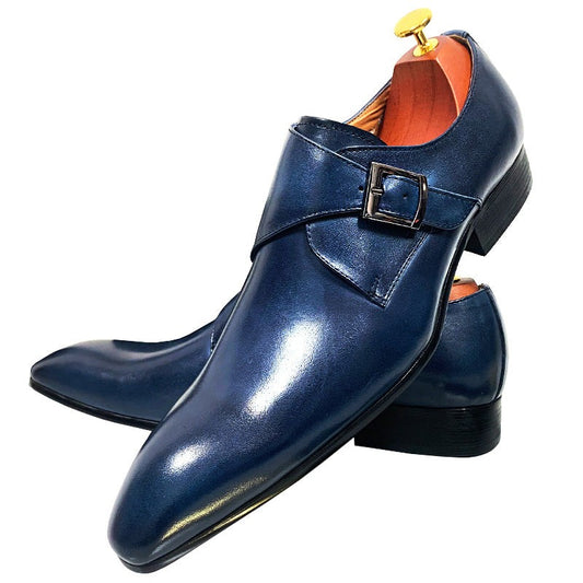 Men's Leather Shoes Blue Monk Strap Wedding Shoes Handmade