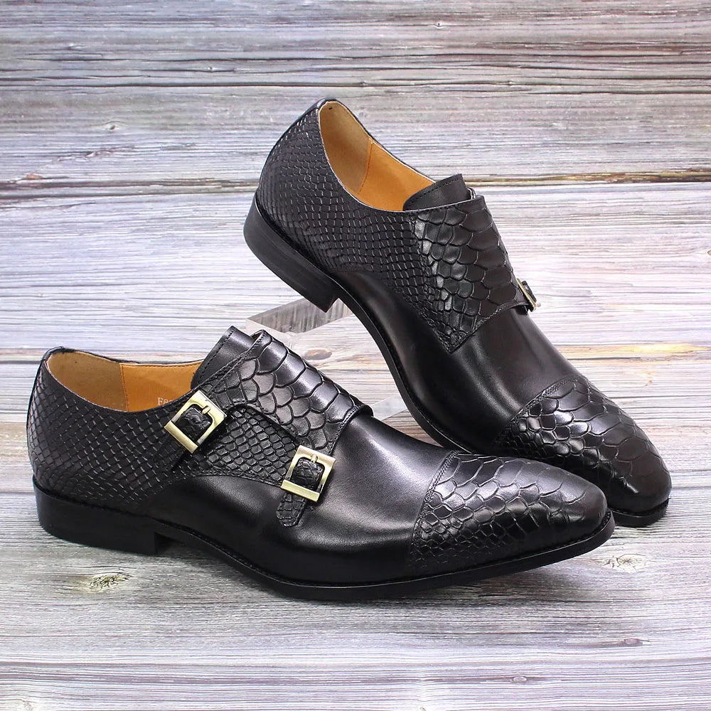 Leather Shoes Double Buckle Monk Strap Snake Print Men's Shoes