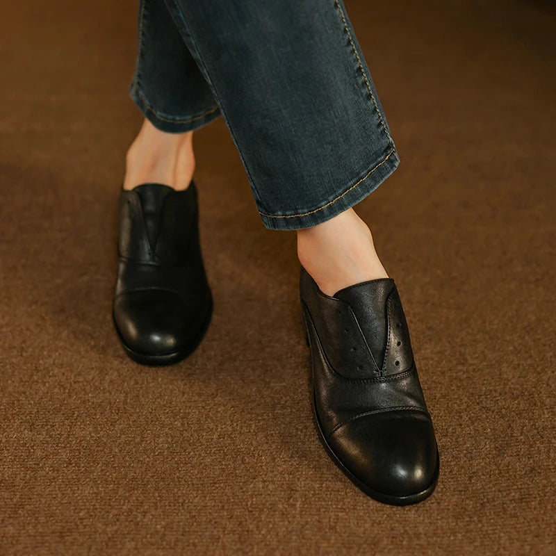 Oxfords Vintage Retro Shoes Slip On Cowhide For Ladies
