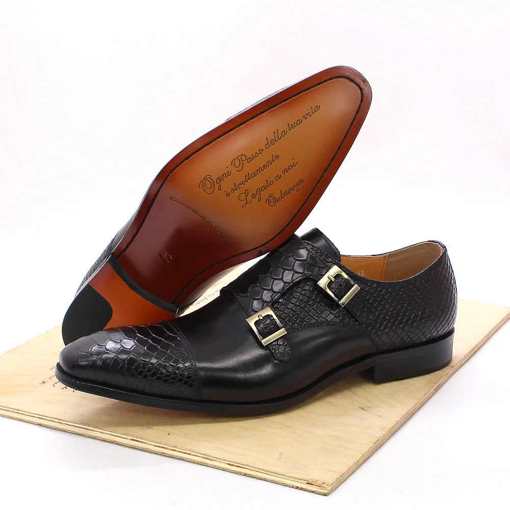 Leather Shoes Double Buckle Monk Strap Snake Print Men's Shoes