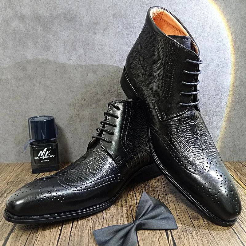 Men's Ankle Boots Shoes Genuine Leather Wing Tip Crocodile Print