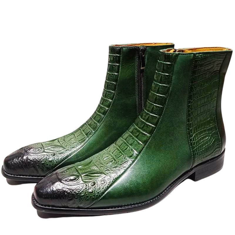 Men's Ankle Boots Crocodile Print Zipper Genuine Leather